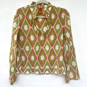 Tory Burch Blouse Women's Size 6 Green Pink Geometric Print Cotton Top